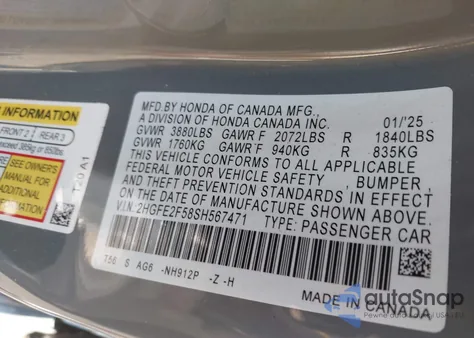 2025 Honda Civic Sport из США, поврежденный, VIN 2HGFE2F58SH567471